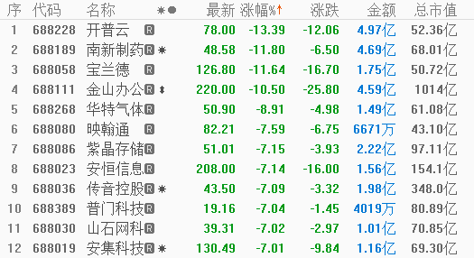 科创板收评 仅有5只个股上涨,开普云,南新制药等4股跌逾10%